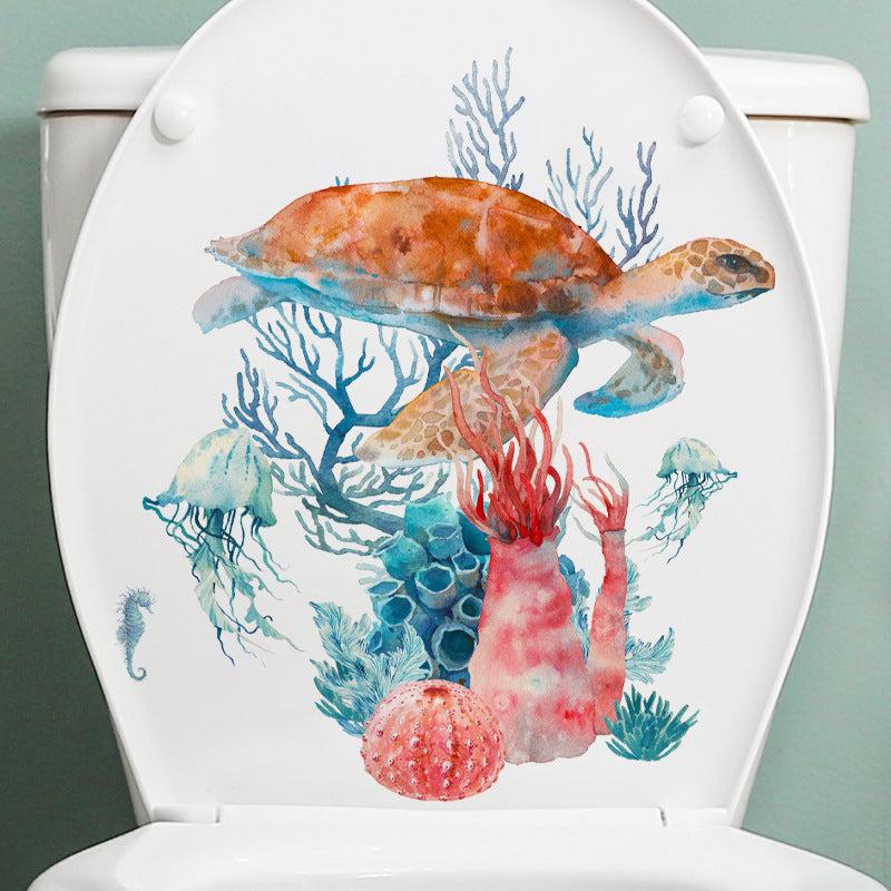 Sea Turtle Coral Pattern Toilet Lid Decal Self Adhesive Wall Sticker