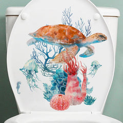 Sea Turtle Coral Pattern Toilet Lid Decal Self Adhesive Wall Sticker