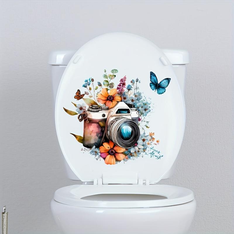 Flower Butterfly Camera Toilet Sticker Bathroom Decor