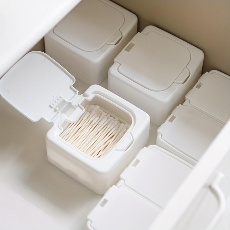 Mini Desktop Storage Box with Lid and Pop-Up Plastic Cotton Swab Organizer