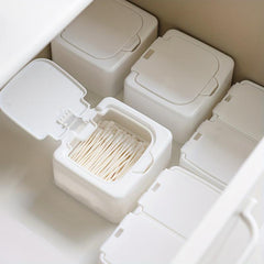 Mini Desktop Storage Box with Lid and Pop-Up Plastic Cotton Swab Organizer