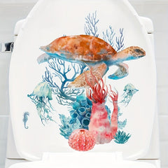 Funny Sea Turtle Coral Toilet Lid Decal Self Adhesive Bathroom Sticker