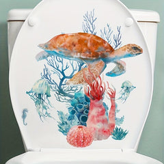 Funny Sea Turtle Coral Toilet Lid Decal Self Adhesive Bathroom Sticker