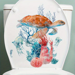 Funny Sea Turtle Coral Toilet Lid Decal Self Adhesive Bathroom Sticker
