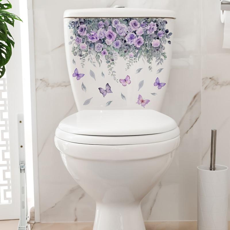 Plant Flowers Butterfly Toilet Stickers Bathroom Wall Sticker Toilet Lid Decals