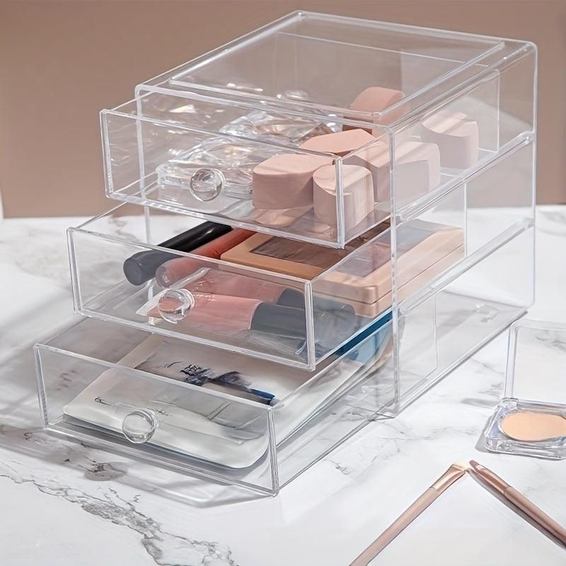 3 Layers Transparent Cosmetics Storage Box Drawer Style Organizer