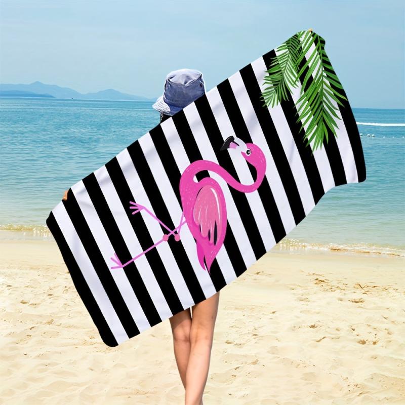 Stripes & Flamingo Print Beach Towel Water Absorbent Lightweight Microfiber Blan