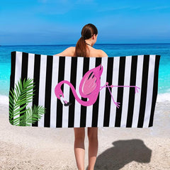 Stripes & Flamingo Print Beach Towel Water Absorbent Lightweight Microfiber Blan