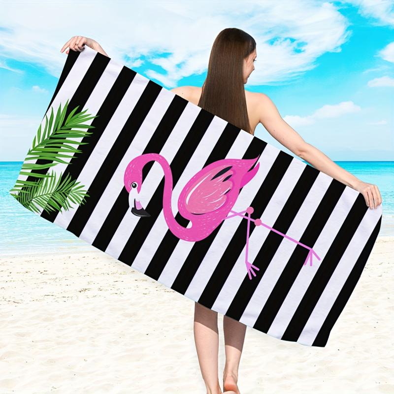 Stripes & Flamingo Print Beach Towel Water Absorbent Lightweight Microfiber Blan