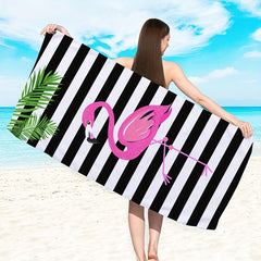 Stripes & Flamingo Print Beach Towel Water Absorbent Lightweight Microfiber Blan