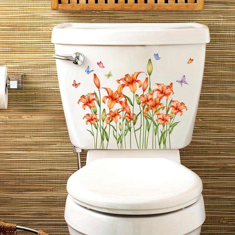 Flowers Butterfly Toilet Stickers Bathroom Self Adhesive Restroom Wall Decal