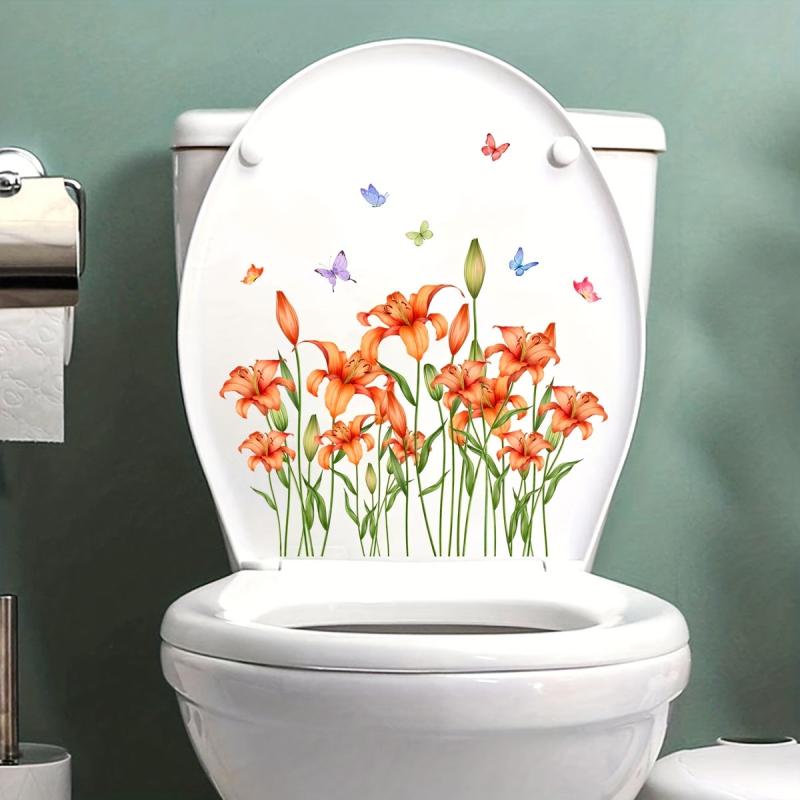 Flowers Butterfly Toilet Stickers Bathroom Self Adhesive Restroom Wall Decal