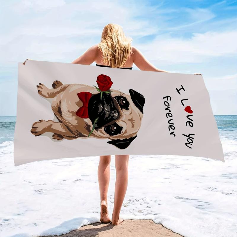 Dog & Letter Rose Pattern Beach Towel Modern Square Large Microfiber