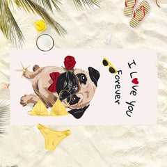 Dog & Letter Rose Pattern Beach Towel Modern Square Large Microfiber