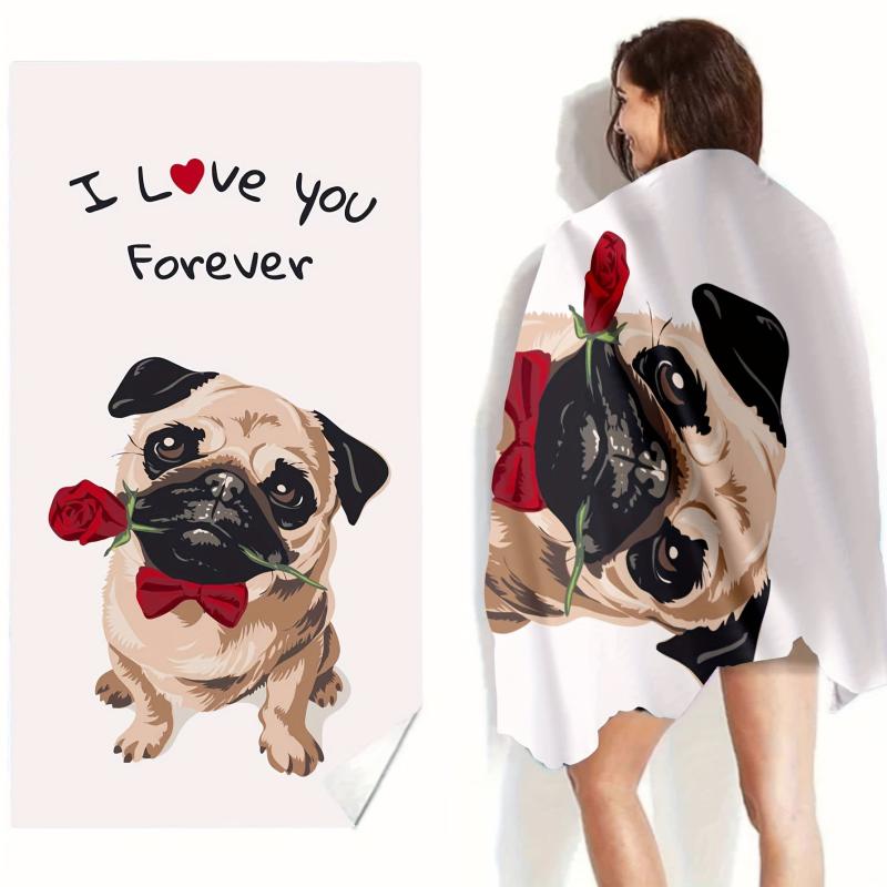 Dog & Letter Rose Pattern Beach Towel Modern Square Large Microfiber