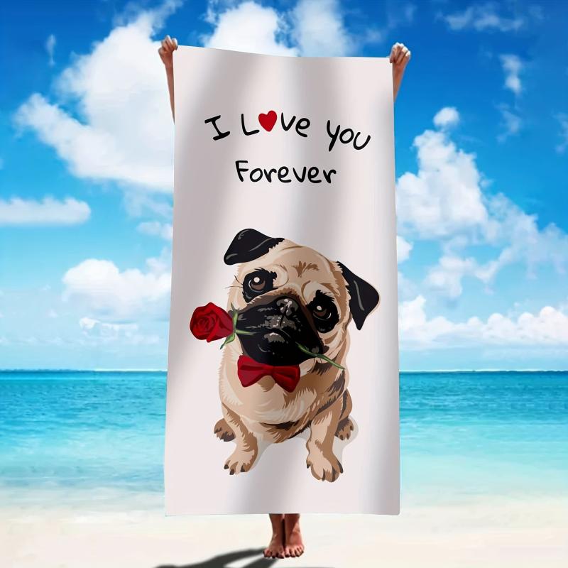 Dog & Letter Rose Pattern Beach Towel Modern Square Large Microfiber