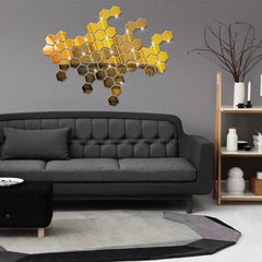 12pcs Hexagon Mirror Sticker Self Adhesive Wall Decals Golden