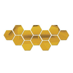 12pcs Hexagon Mirror Sticker Self Adhesive Wall Decals Golden