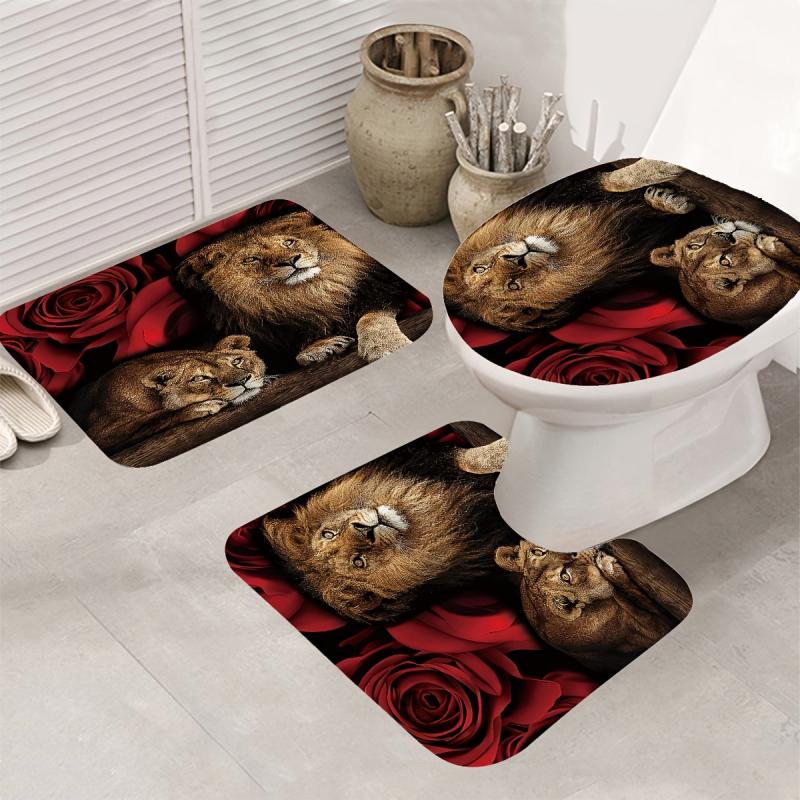 4pcs Red Rose Modern Home Bathroom Floor Mat Non Slip Bathroom Rug