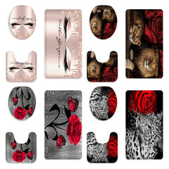4pcs Red Rose Modern Home Bathroom Floor Mat Non Slip Bathroom Rug