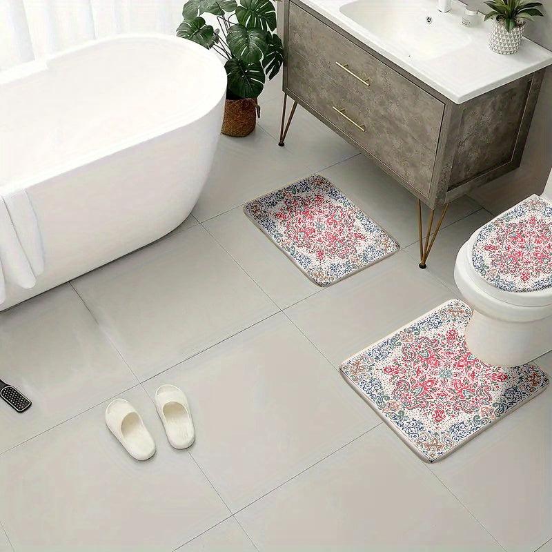 4pcs Velvet Sponge Bath Mat Set Non-Slip Bathroom Rug Comfortable Toilet U-shape