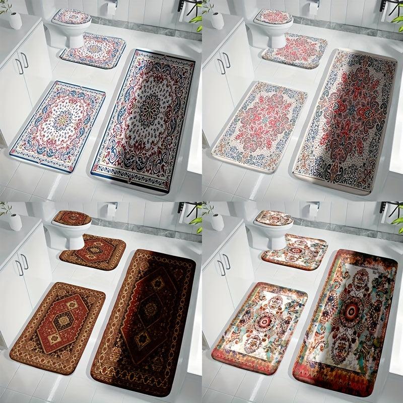 4pcs Velvet Sponge Bath Mat Set Non-Slip Bathroom Rug Comfortable Toilet U-shape