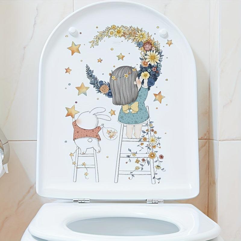 Moon Flower Girl Star Waterproof Toilet Sticker Bathroom Decoration
