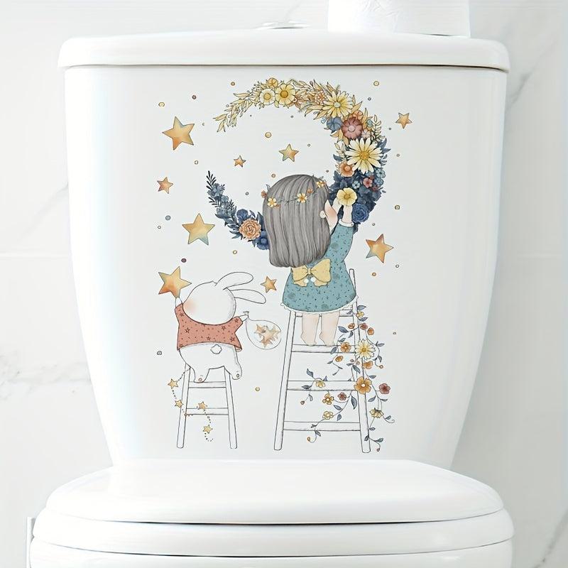 Moon Flower Girl Star Waterproof Toilet Sticker Bathroom Decoration