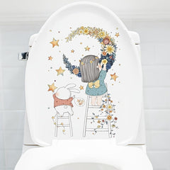 Moon Flower Girl Star Waterproof Toilet Sticker Bathroom Decoration