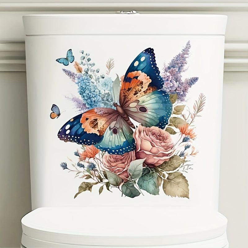 Colorful Butterflies And Flowers Toilet Sticker - Restroom Renovation