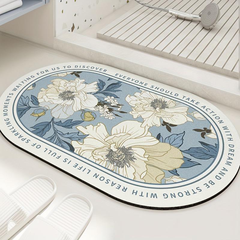 Ellipse Bath Mat Water Absorbent Non Slip Bathroom Mat Flower Pattern