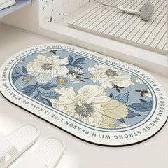 Ellipse Bath Mat Water Absorbent Non Slip Bathroom Mat Flower Pattern