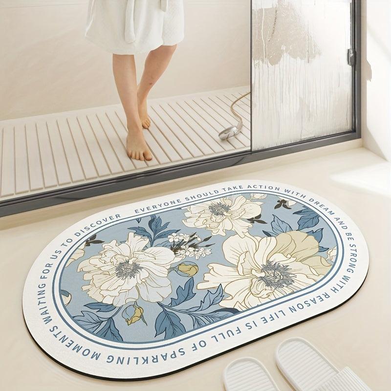 Ellipse Bath Mat Water Absorbent Non Slip Bathroom Mat Flower Pattern