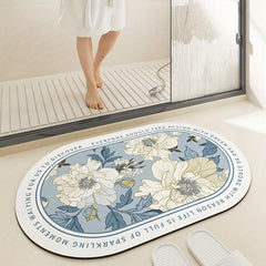 Ellipse Bath Mat Water Absorbent Non Slip Bathroom Mat Flower Pattern