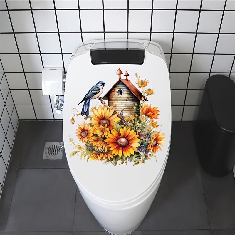 1pc Big Chrysanthemum With Bird Toilet Decal Self-adhesive Paper