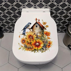 1pc Big Chrysanthemum With Bird Toilet Decal Self-adhesive Paper
