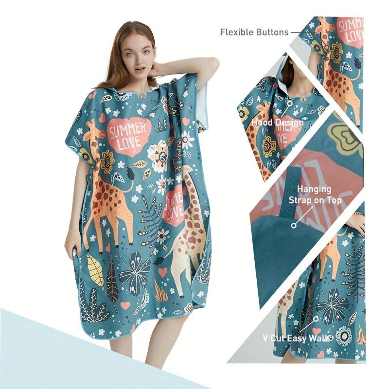 Hooded Beach Robe with Cartoon Animal Print