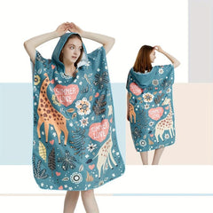 Hooded Beach Robe with Cartoon Animal Print