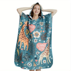Hooded Beach Robe with Cartoon Animal Print
