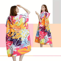 Quick Dry Graffiti Print Surf Poncho Towel Microfiber Beach Robe with Hoodie