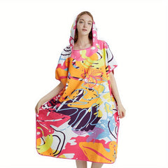Quick Dry Graffiti Print Surf Poncho Towel Microfiber Beach Robe with Hoodie