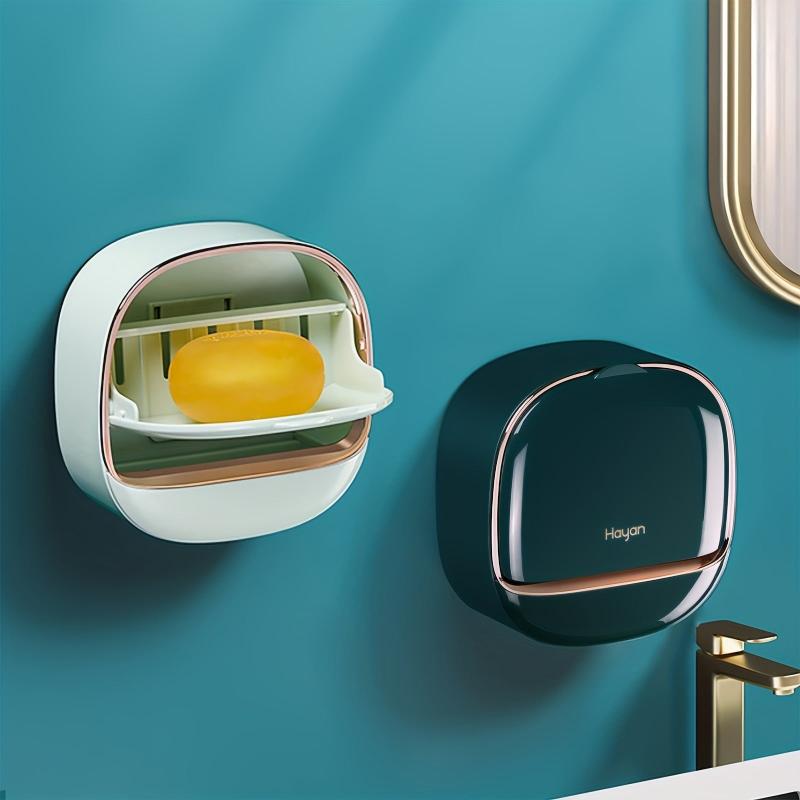 Wall Mounted Soap Box with Flip Lid Self Adhesive Soap Holder Oval Plastic Tray