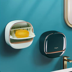 Wall Mounted Soap Box with Flip Lid Self Adhesive Soap Holder Oval Plastic Tray