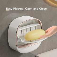 Wall Mounted Soap Box with Flip Lid Self Adhesive Soap Holder Oval Plastic Tray