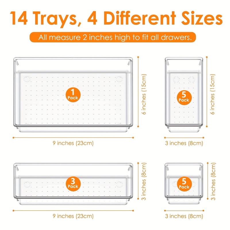 14pcs Drawer Organizer Set Clear Customize Layout Storage Bins w/ Non Slip Pads
