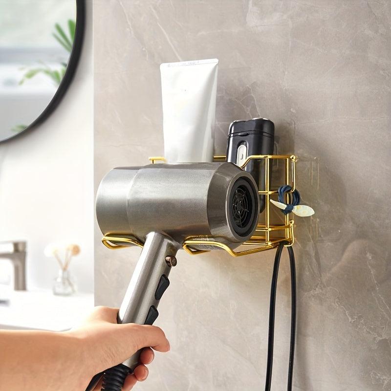 Hair Dryer Holder Wall Mounted Storage Rack with Plug Hook