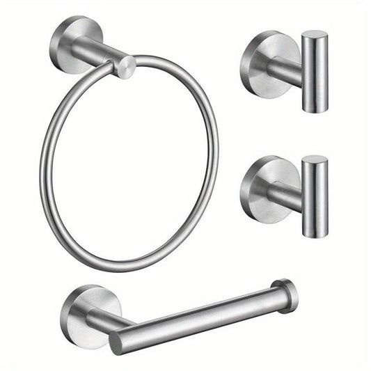 4 Pc Stainless Steel Towel Ring Set Wall Mount Towel Rack Hooks