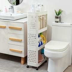 3-Tier Bathroom Storage Rack with Wheels, Plastic Rolling Utility Cart