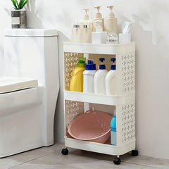 3-Tier Bathroom Storage Rack with Wheels, Plastic Rolling Utility Cart