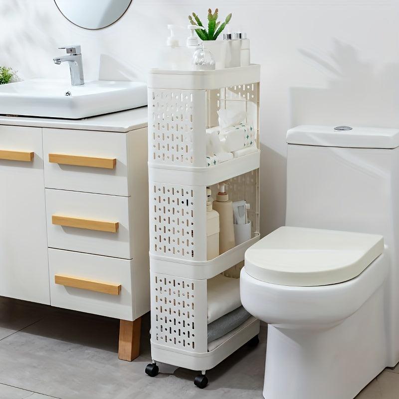 3-Tier Bathroom Storage Rack with Wheels, Plastic Rolling Utility Cart